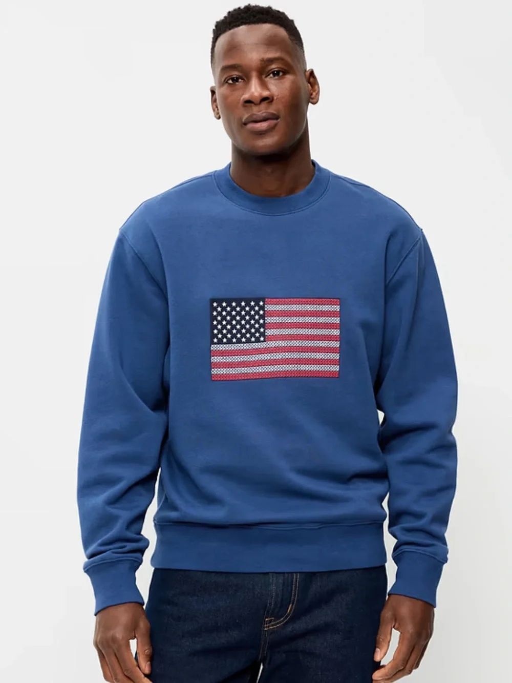 ON Pacific Blue Loose Graphic Front EmbroideredAmerican Flag Crew Fleece Top